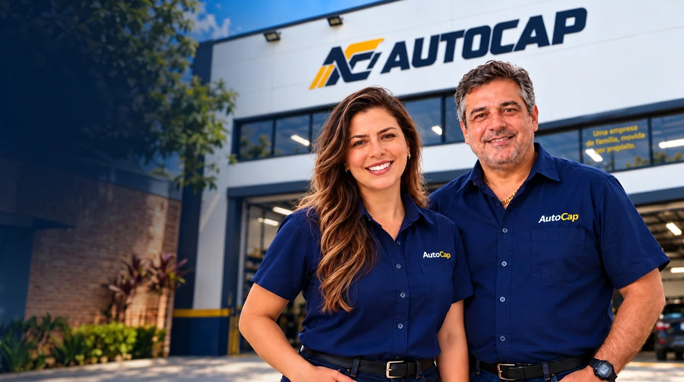 Flávio e Paula em frente à fábrica da AutoCap